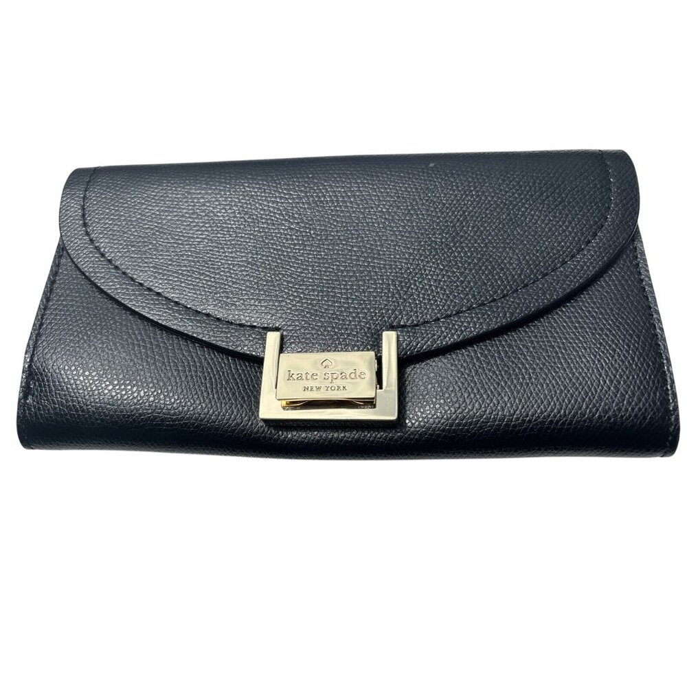 Kate Spade Black Leather Clutch Wallet With Gold Hardware & Snap Closure